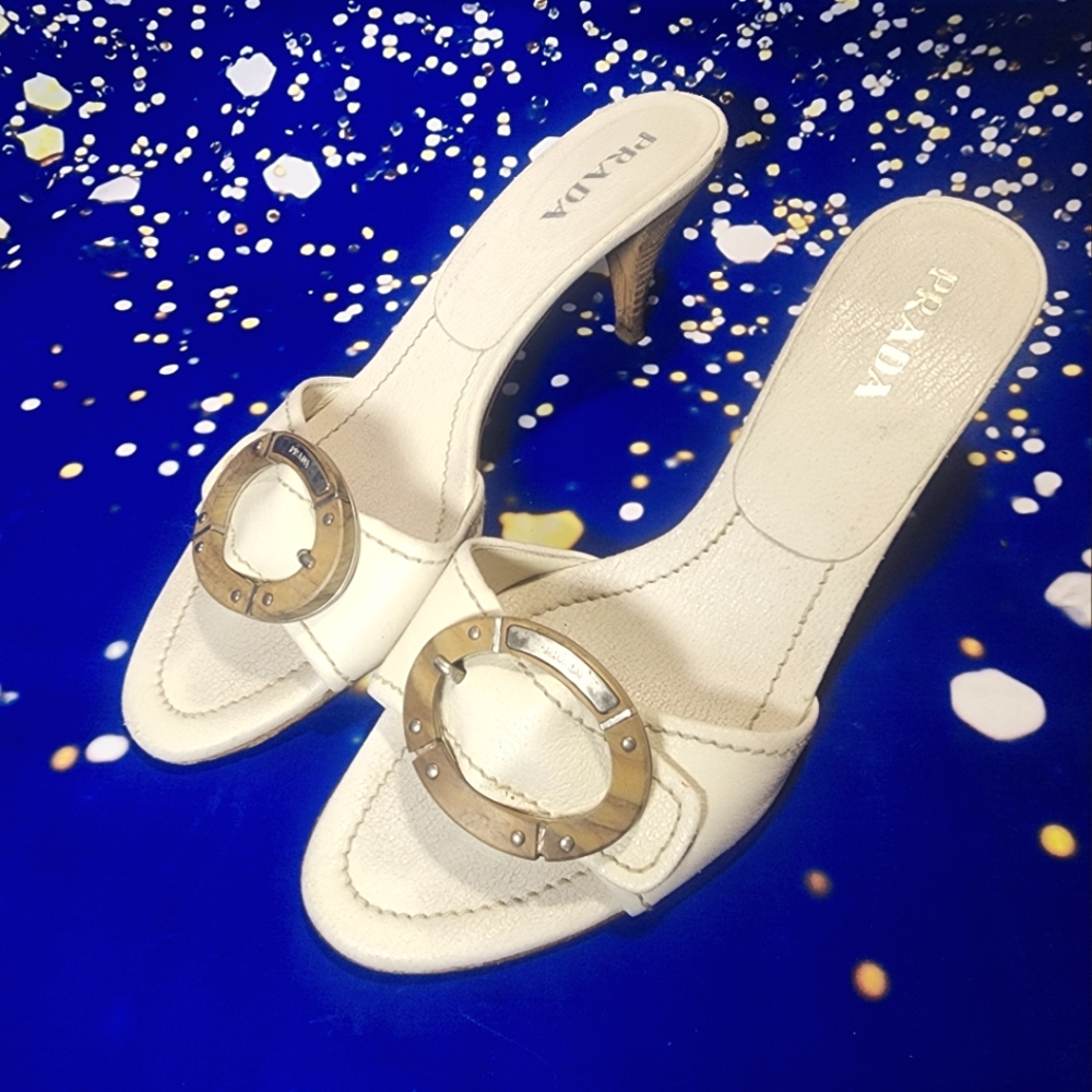Size 8 Prada Cream Mules with Metallic Ornament